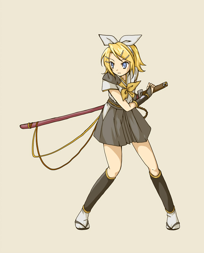 blue_eyes, bow, geta, hair_bow, hakama, japanese_clothes, kagamine_rin, katana