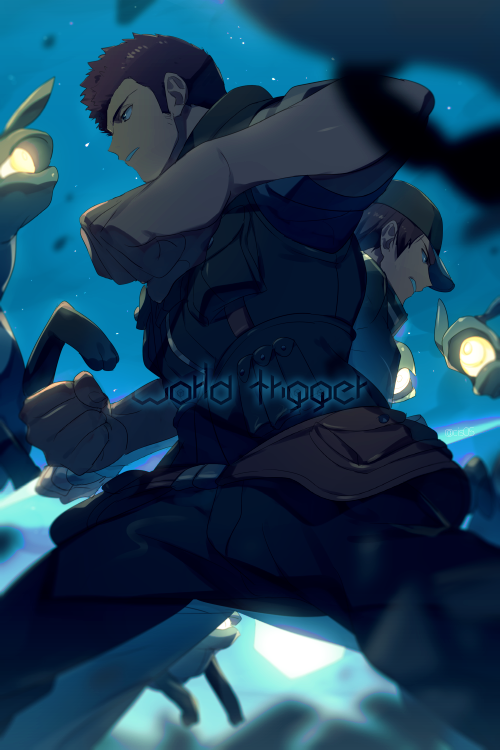 2boys, arafune_tetsuji, baseball_cap, battle, clenched_hands, copyright_name, cube, echo_(circa)