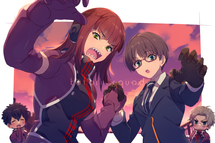 2boys, 2girls, bangs, black_hair, blunt_bangs, blush, breasts, brown_hair
