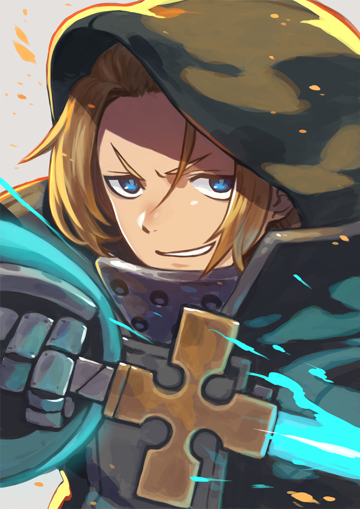 1boy, arthur_boyle, blonde_hair, blue_eyes, en'en_no_shouboutai, gloves, holding, holding_weapon