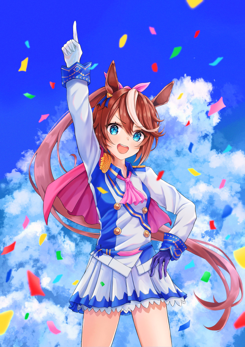 1girl, :d, absurdres, ascot, asymmetrical_gloves, black_gloves, blue_eyes, blue_jacket