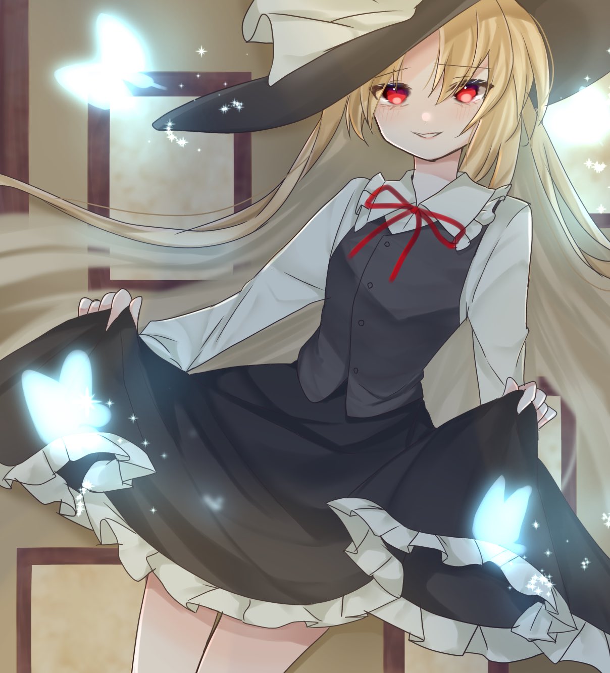 1girl, artist_request, black_headwear, black_skirt, black_vest, blonde_hair, bow, collared_shirt