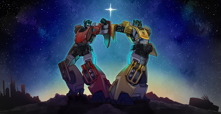 2boys, autobot, clenched_hand, hand_on_hip, highres, insignia, mecha, multiple_boys