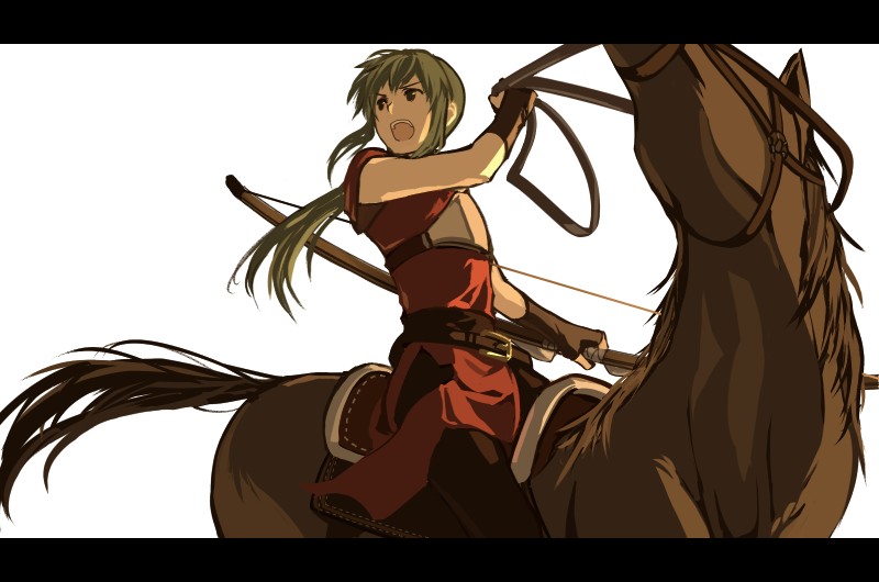 bow_(weapon), fire_emblem, fire_emblem:_seisen_no_keifu, fire_emblem_genealogy_of_the_holy_war, green_hair, horse, horseback_riding, letterboxed, male, midayle, midayle_(fire_emblem), nintendo, ponytail, rueken, solo, weapon