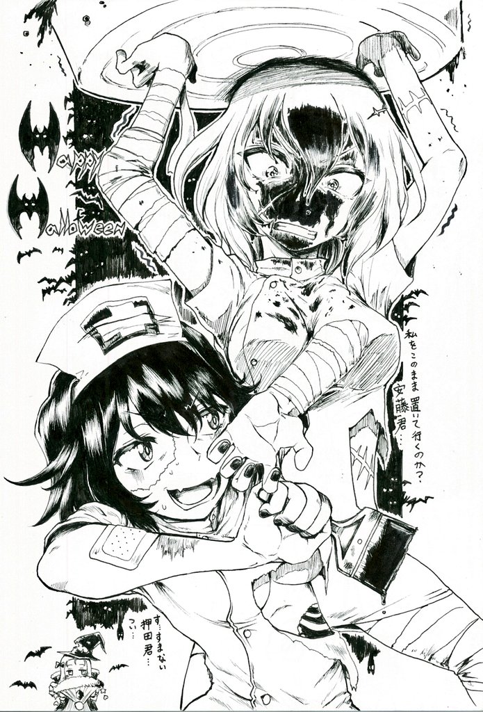 3girls, andou_(girls_und_panzer), angry, arms_up, bandaged_arm, bandaged_leg, bandages, bangs