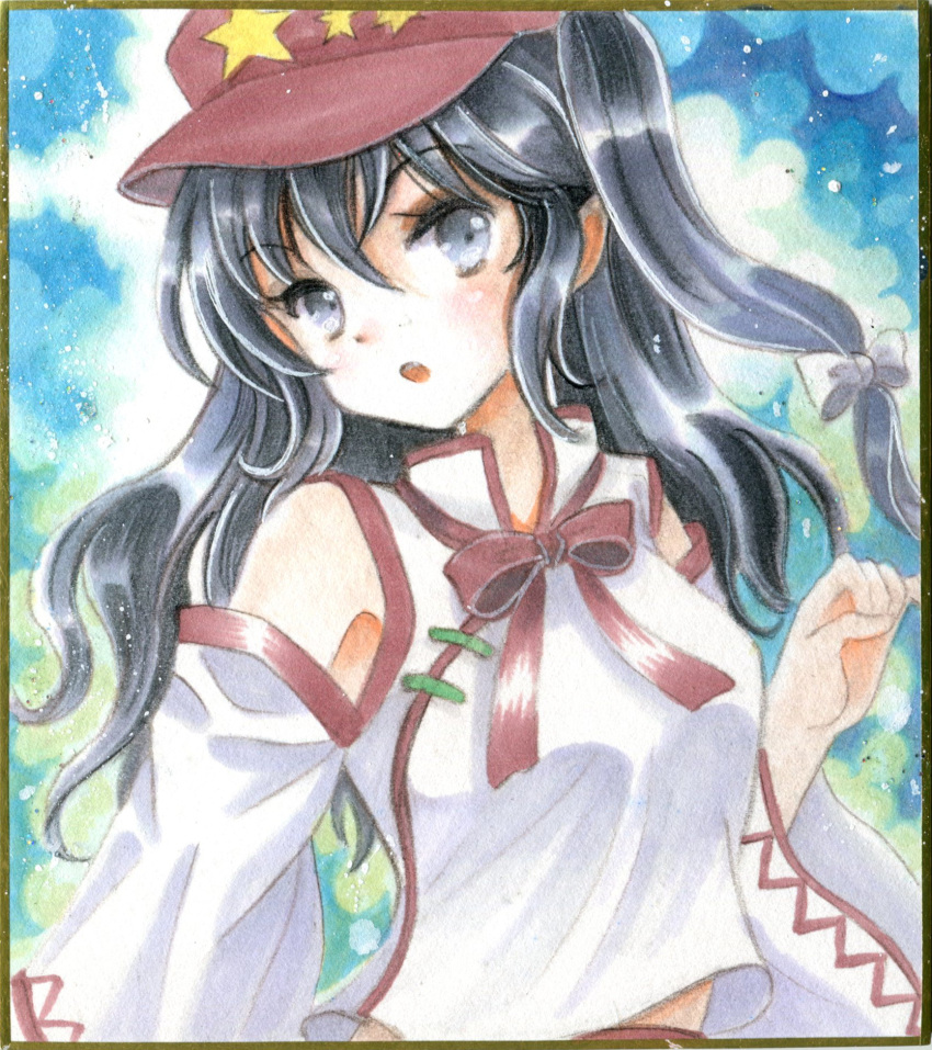 :o, bangs, bare_shoulders, black_eyes, black_hair, cabbie_hat, eyebrows_visible_through_hair, flat_cap, hajike_akira, hat, headband, highres, label_girl_(dipp), mandarin_collar, medium_hair, midriff_peek, open_mouth, red_headband, red_neckwear, red_ribbon, red_skirt, ribbon, shirt, side_ponytail, skirt, star_(symbol), touhou, traditional_media, vest, white_shirt, white_vest, wide_sleeves