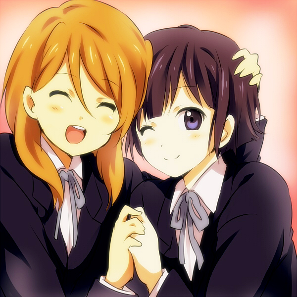 2girls, :d, bad_id, black_eyes, black_hair, blazer, brown_hair, closed_eyes