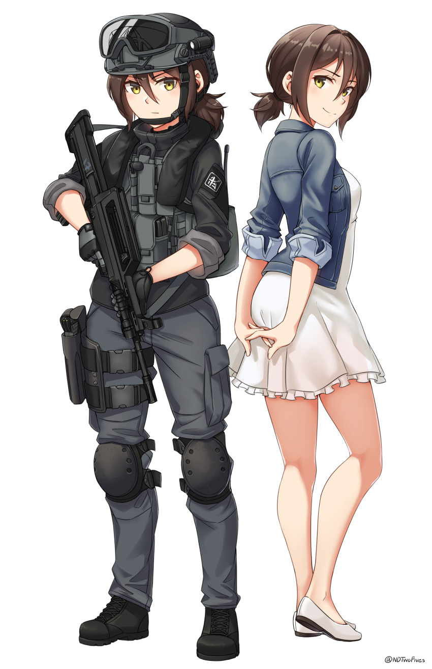 1girl, absurdres, arms_behind_back, bangs, black_footwear, black_jacket, blue_jacket, boots, breasts, brown_eyes, brown_hair, closed_mouth, commentary_request, cross-laced_footwear, dress, eyebrows_visible_through_hair, frilled_dress, frills, gloves, goggles, goggles_on_headwear, grey_gloves, grey_headwear, grey_pants, gun, hair_between_eyes, helmet, highres, holding, holding_gun, holding_weapon, jacket, lace-up_boots, long_sleeves, low_ponytail, multiple_views, ndtwofives, open_clothes, open_jacket, original, pants, pleated_dress, ponytail, qbz-97, short_sleeves, simple_background, small_breasts, smile, standing, trigger_discipline, twitter_username, weapon, white_background, white_dress, white_footwear