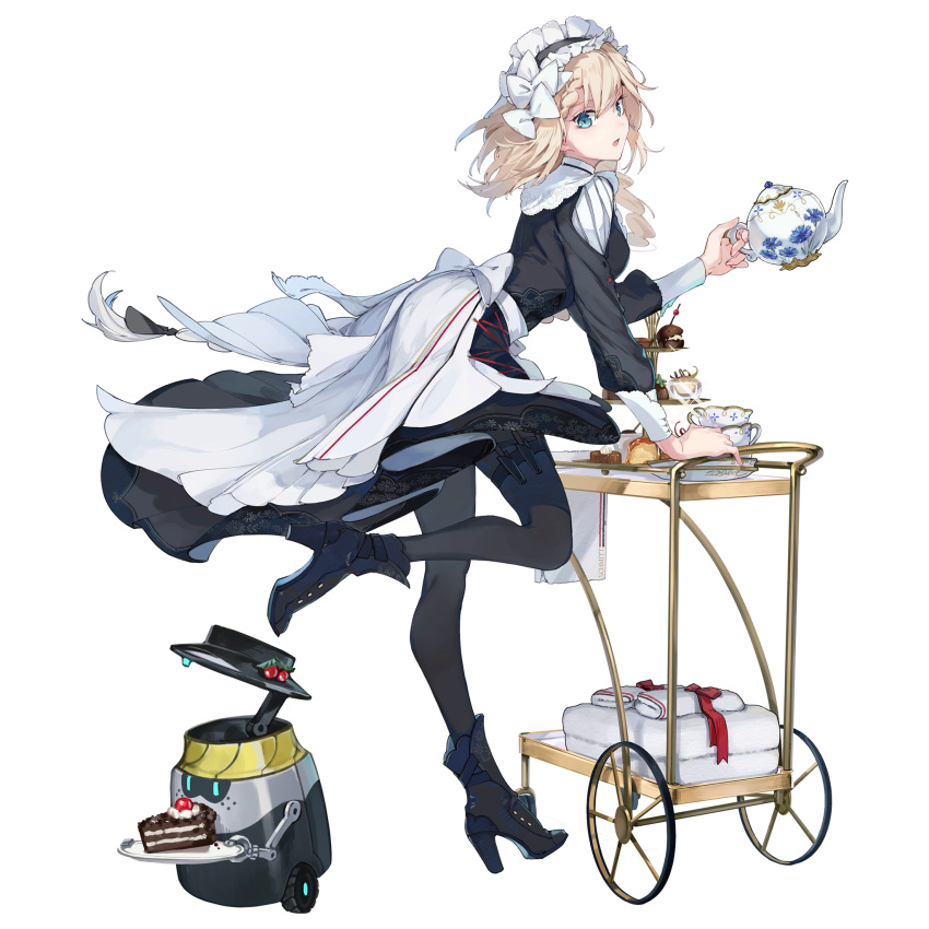 1girl, black_dress, blonde_hair, blue_eyes, boots, bow, braid, cake