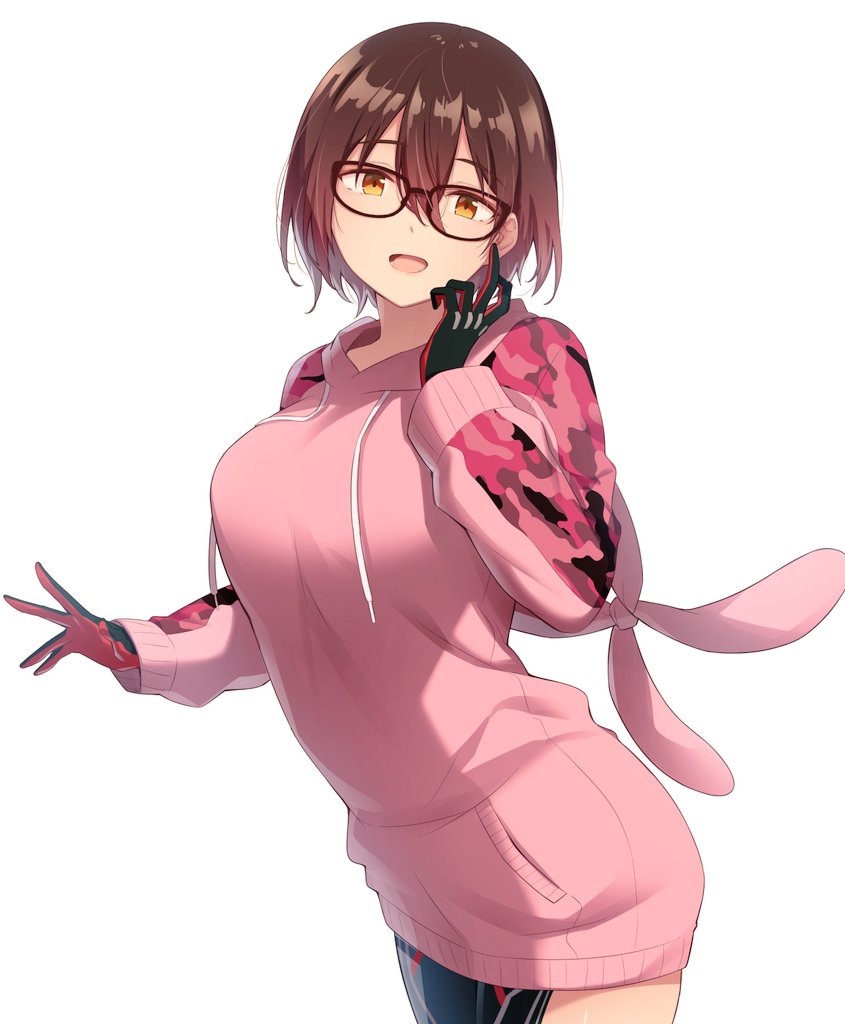 1girl, android, bangs, black-framed_eyewear, breasts, brown_hair, camouflage, commentary_request