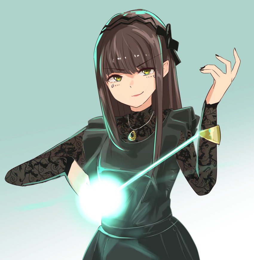 1girl, absurdres, alternate_form, bangs, beam, black_dress, black_headwear, black_nails