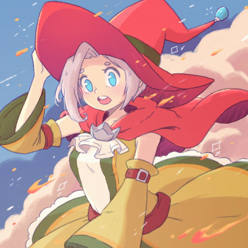 1girl, arm_up, bangs, belt, blue_eyes, breasts, capelet, detached_sleeves, dragalia_lost, highres, looking_at_viewer, medium_breasts, medium_hair, open_mouth, platinum_blonde_hair, solo, upper_body, xania, youkaishain