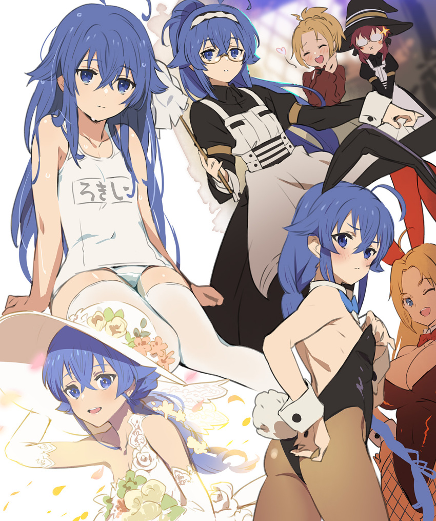 3girls, :x, animal_ears, apron, arm_support, ass, blue_eyes, blue_hair