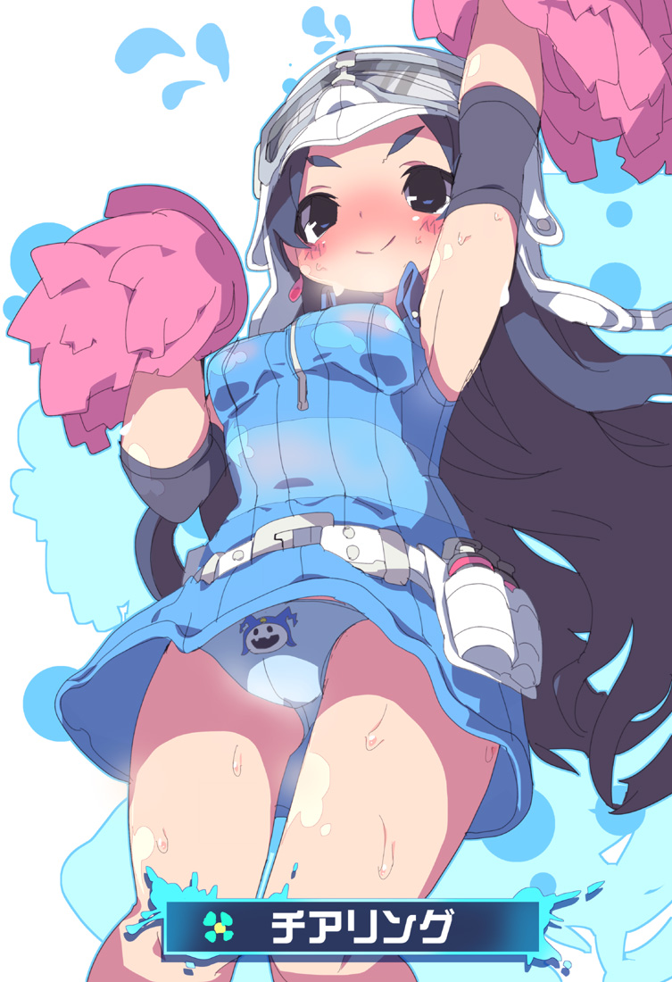 1girl, asahi_(shin_megami_tensei_iv_final), black_eyes, black_hair, blush, breasts, brown_hair, closed_mouth, dangomushi, goggles, goggles_on_head, green_eyes, helmet, jack_frost, long_hair, looking_at_viewer, pom_pom_(cheerleading), shin_megami_tensei, shin_megami_tensei_iv_final, smile, solo