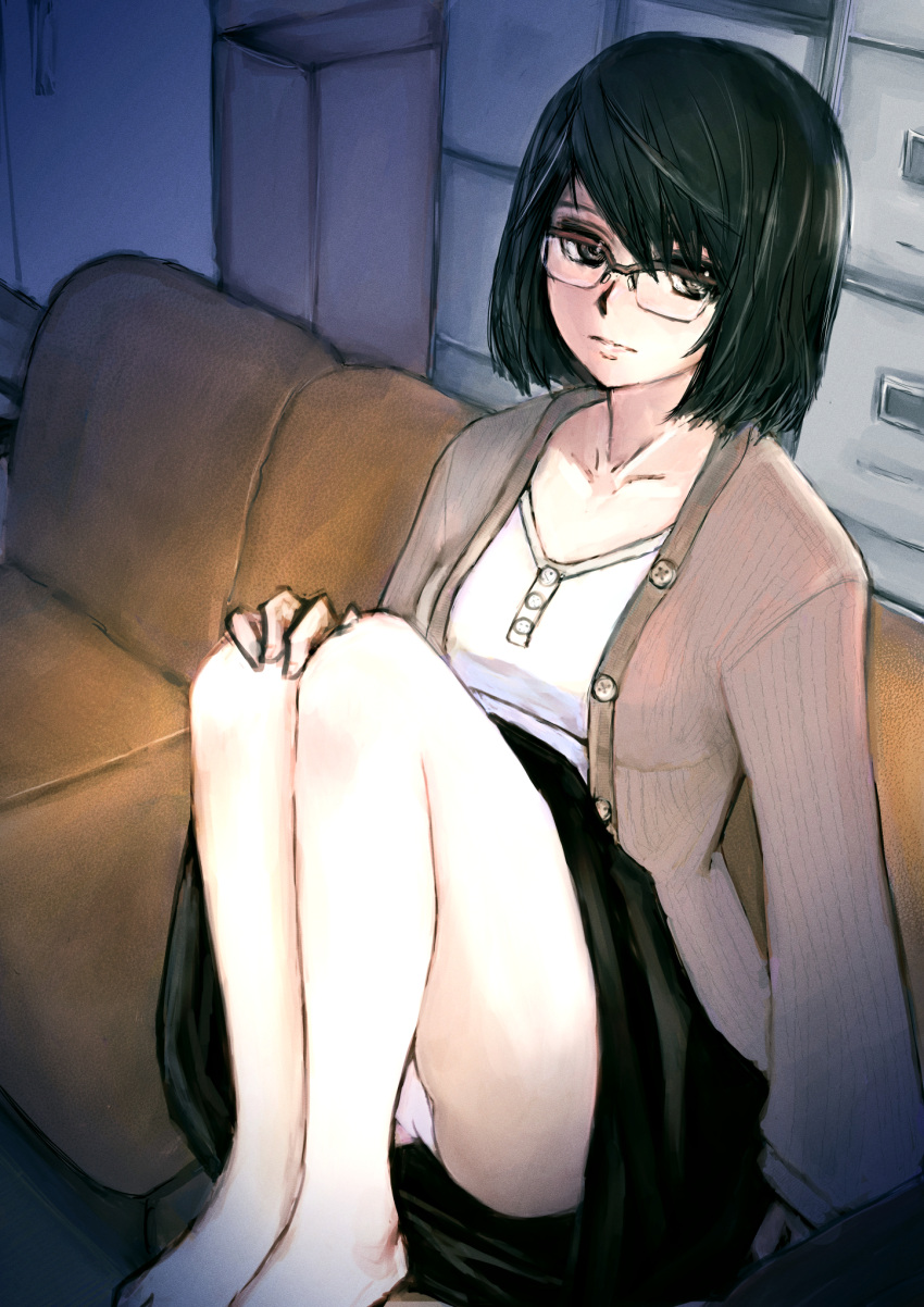 1girl, black_eyes, black_hair, black_skirt, cardigan, collarbone, glasses, highres, jimiko, judge_eyes, looking_at_viewer, masamidnd, panties, pantyshot, shirosaki_saori, short_hair, skirt, solo, underwear