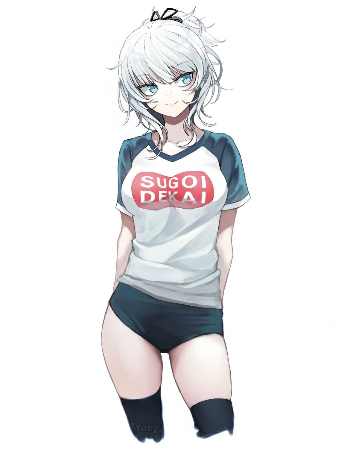 1girl, arms_behind_back, bangs, blue_eyes, breasts, closed_mouth, contrapposto, cowboy_shot