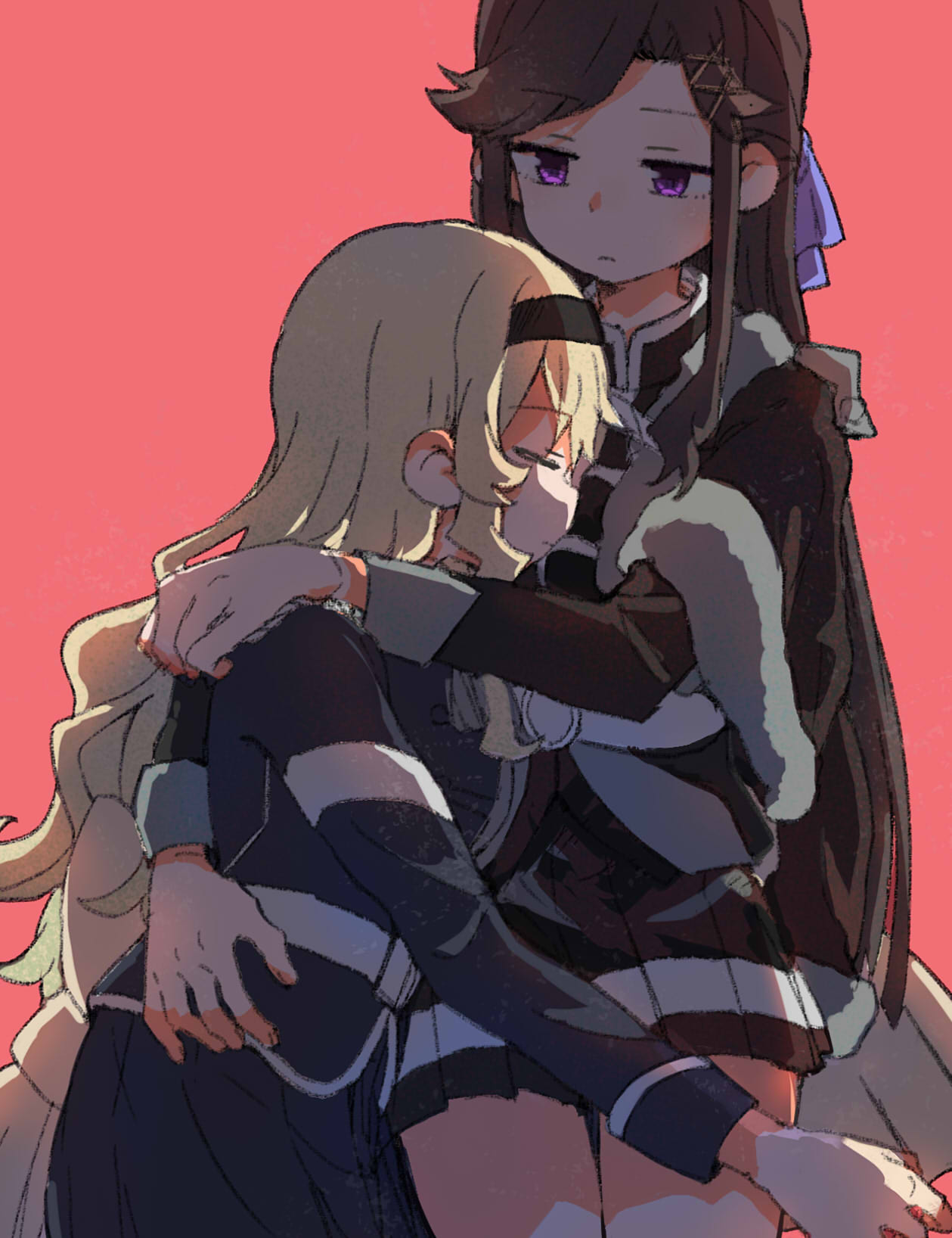 2girls, aiguillette, bangs, belt, black_hairband, blonde_hair, blue_bow, blue_jacket, blue_skirt, bow, brown_hair, closed_eyes, couple, cowboy_shot, cuddling, epaulettes, expressionless, eyebrows_visible_through_hair, fud, fur-trimmed_jacket, fur_trim, grey_skirt, hair_between_eyes, hair_bow, hair_ornament, hairband, highres, hug, jacket, jacket_on_shoulders, long_hair, long_sleeves, multiple_girls, pleated_skirt, red_background, saijou_claudine, shoujo_kageki_revue_starlight, sidelocks, simple_background, single_stripe, sitting, skirt, swept_bangs, tendou_maya, upper_body, violet_eyes, wavy_hair, x_hair_ornament, yellow_belt, yuri