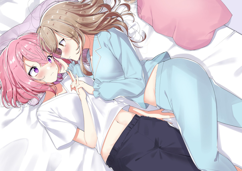 2girls, amaori_renako, bed, blush, brown_eyes, brown_hair, eye_contact, hand_on_another's_cheek, hand_on_another's_face, highres, interlocked_fingers, looking_at_another, lying, multiple_girls, on_back, on_side, ozawa_sayori, pajamas, pillow, pink_hair, sena_ajisai, violet_eyes, watashi_ga_koibito_ni_nareru_wake_naijan_murimuri, yuri