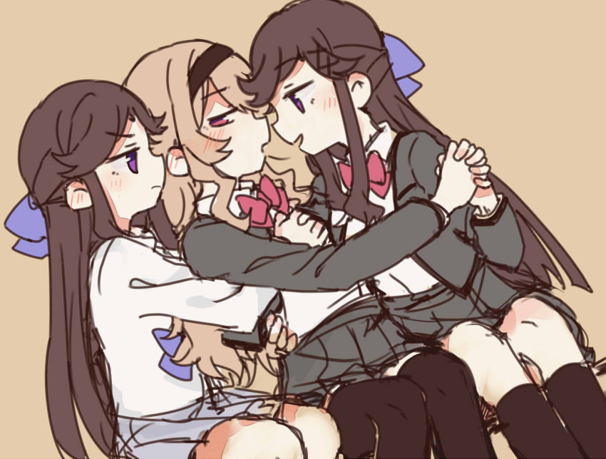 2girls, 3girls, bangs, black_hairband, black_legwear, blonde_hair, blue_bow, blush