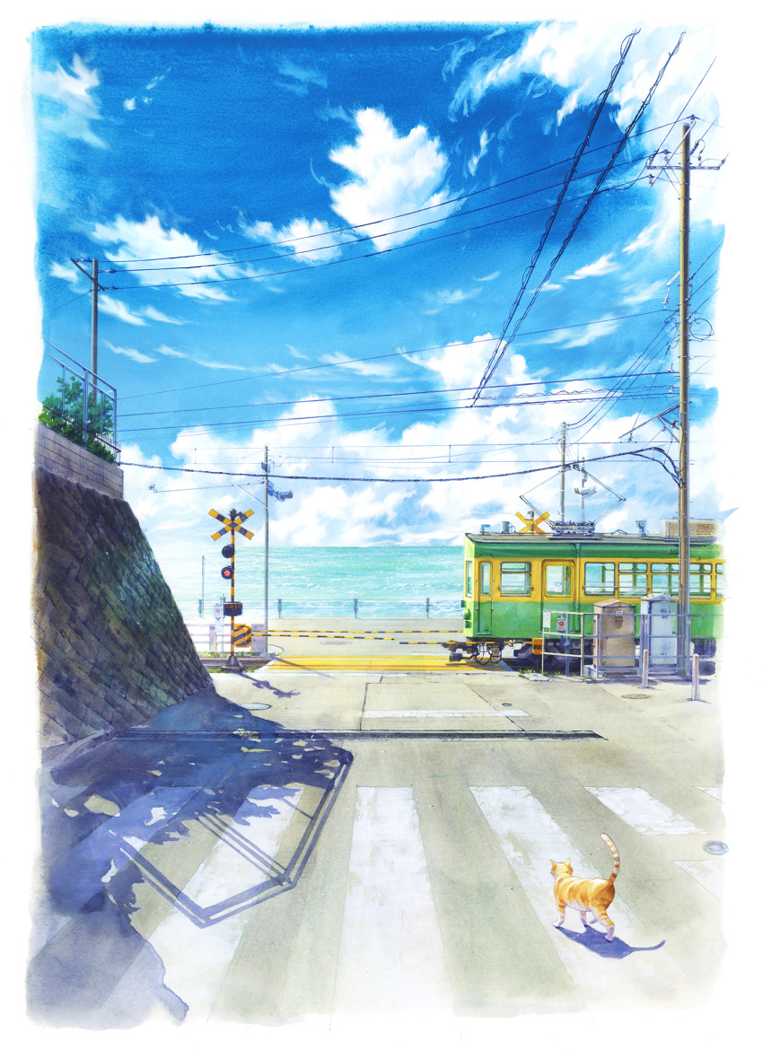 cable, cat, clouds, commentary_request, crosswalk, day, enoshima_electric_railway, ground_vehicle