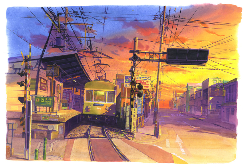 building, cable, clouds, commentary_request, english_text, enoshima_electric_railway, evening, ground_vehicle