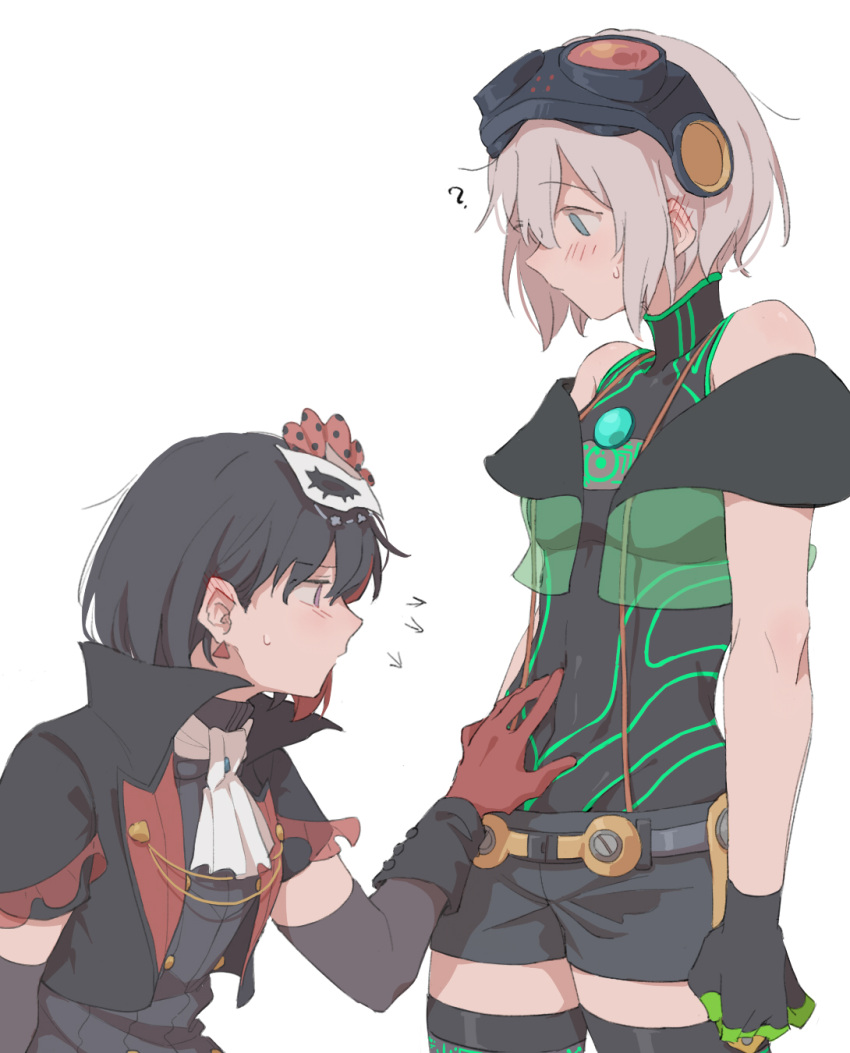 2girls, ?, aoba_moca, arrow_(symbol), bang_dream!, black_hair, blue_eyes, blush, carnival_mask, commentary_request, ear_blush, earrings, eyebrows_visible_through_hair, eyewear_on_head, grey_hair, hand_on_another's_stomach, highres, jewelry, kalsept, looking_at_another, mask, mask_on_head, mitake_ran, multicolored_hair, multiple_girls, redhead, simple_background, squatting, standing, sweatdrop, violet_eyes, white_background, yuri