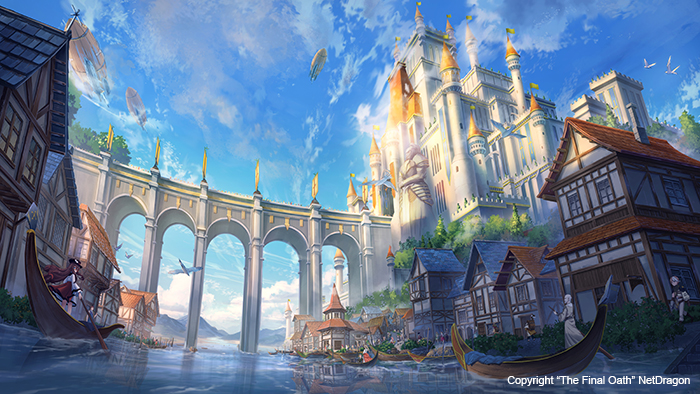 bird, blue_sky, boat, bridge, building, castle, clouds, commentary_request