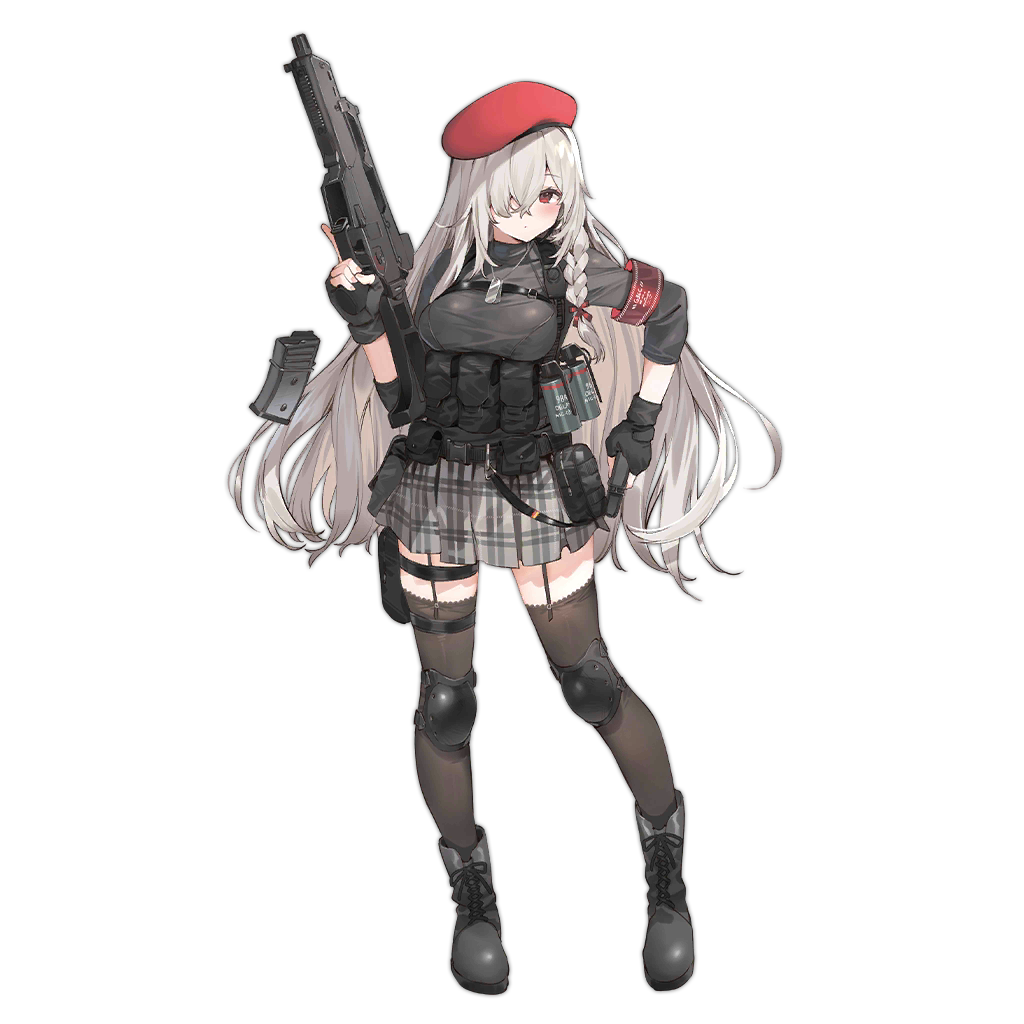 1girl, armband, assault_rifle, banned_artist, beret, black_gloves, black_legwear, boots