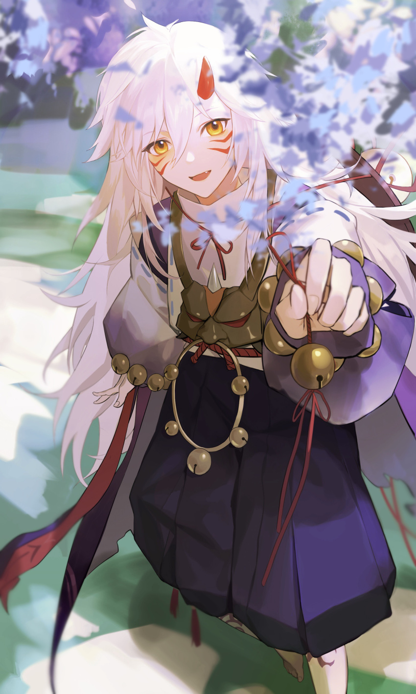 1boy, absurdres, ashninghuli, bell, bow, facial_mark, fang, flower, highres, holding, horns, japanese_clothes, kimono, long_hair, long_sleeves, looking_at_viewer, male_focus, onmyoji, open_mouth, outstretched_hand, pointy_ears, ponytail, purple_flower, reaching_out, red_bow, red_horns, shuten_douji_(onmyoji), silver_hair, single_horn, smile, solo, standing, string, teenage, white_hair, yellow_eyes