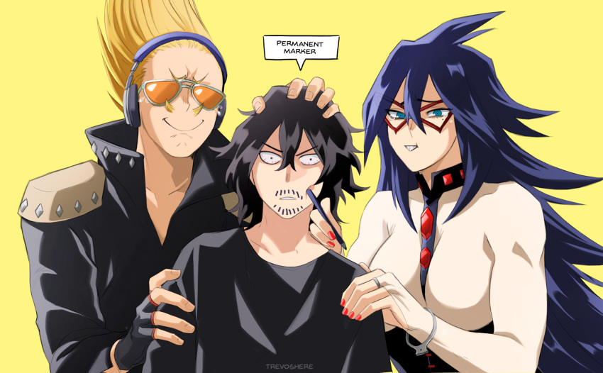 1girl, 2boys, artist_name, bangs, belt, black_gloves, black_hair, black_jacket