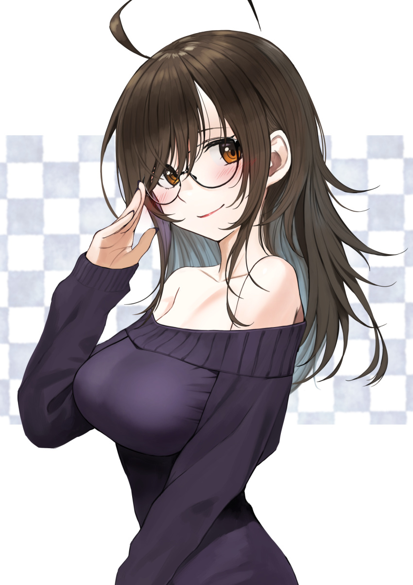 1girl, ahoge, bangs, bare_shoulders, bespectacled, black_sweater, blush, breasts