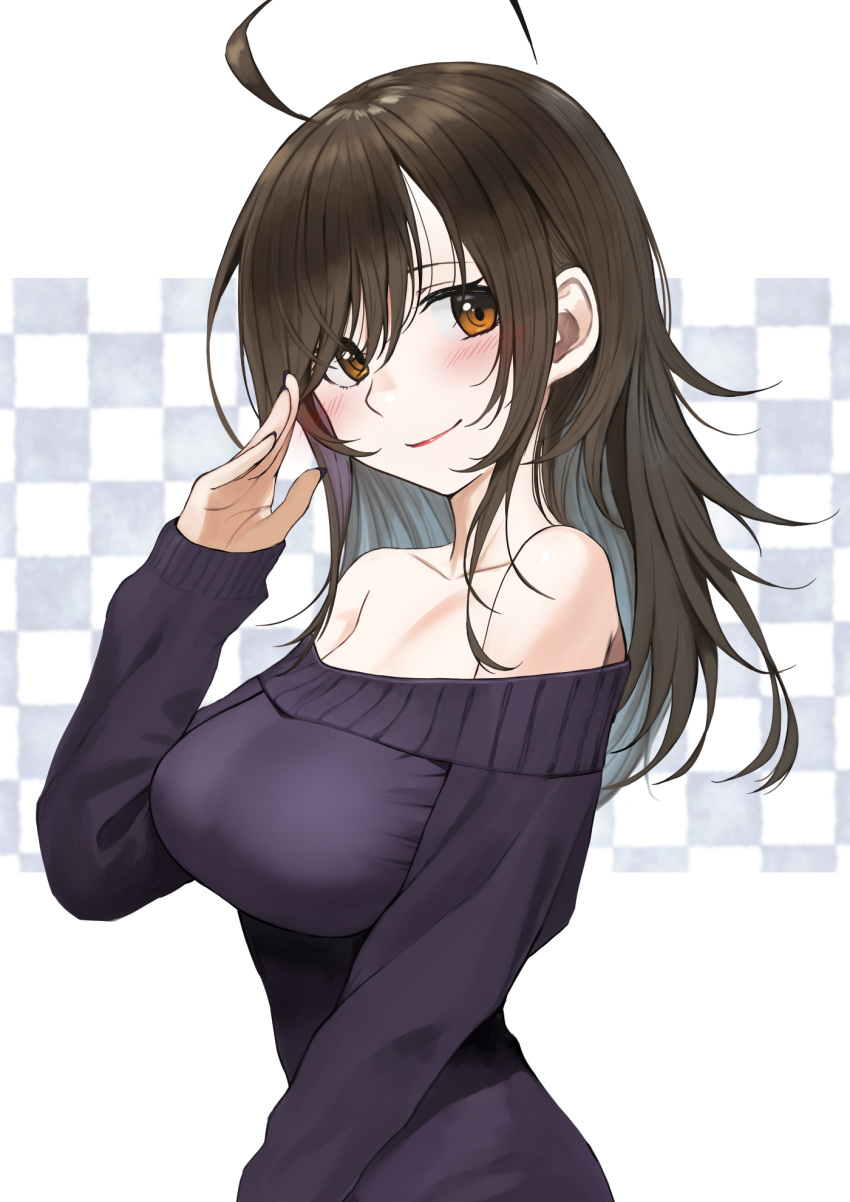 1girl, ahoge, bangs, bare_shoulders, black_sweater, blush, breasts, brown_hair