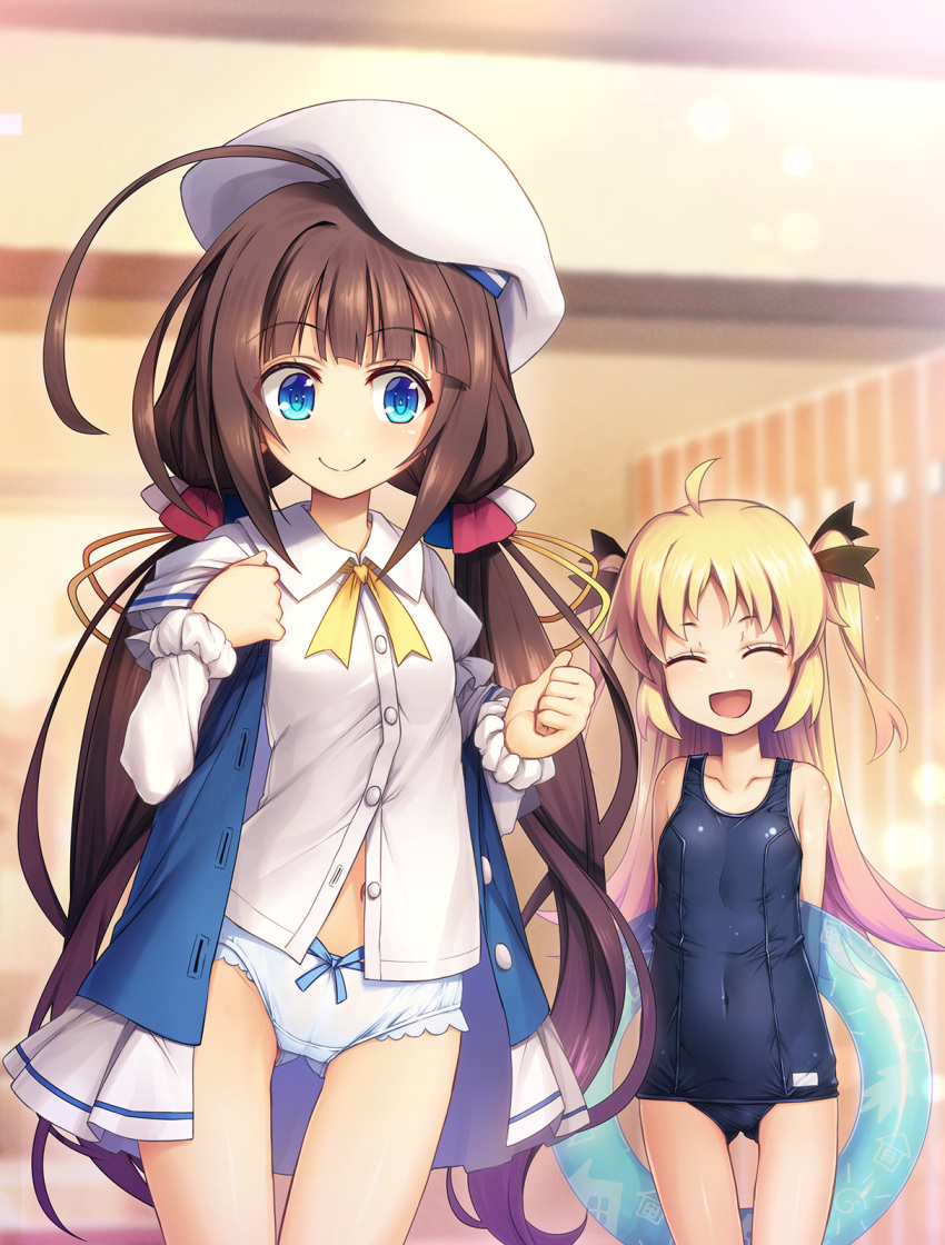 2girls, :d, ^_^, ahoge, ass_visible_through_thighs, beret, black_ribbon, blonde_hair