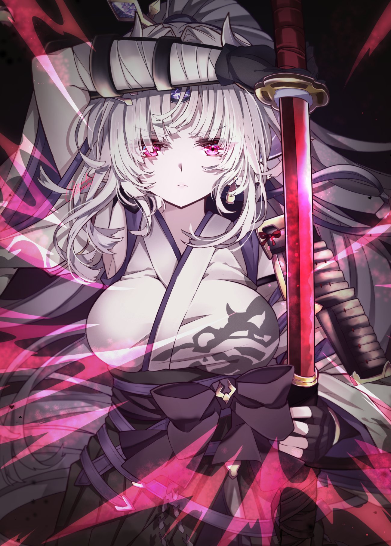 1girl, arm_up, armor, azusa_(granblue_fantasy), bandaged_arm, bandages, bangs, black_gloves