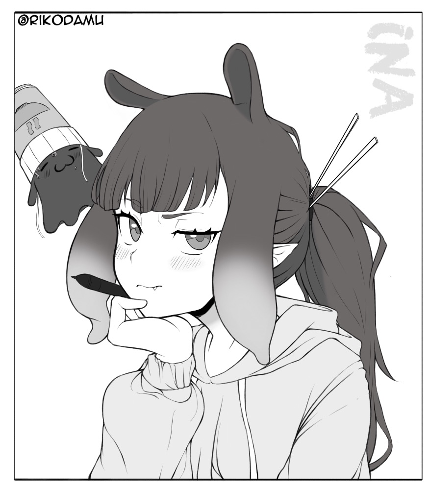 1girl, blush, character_name, commentary, drawstring, english_commentary, fang, greyscale