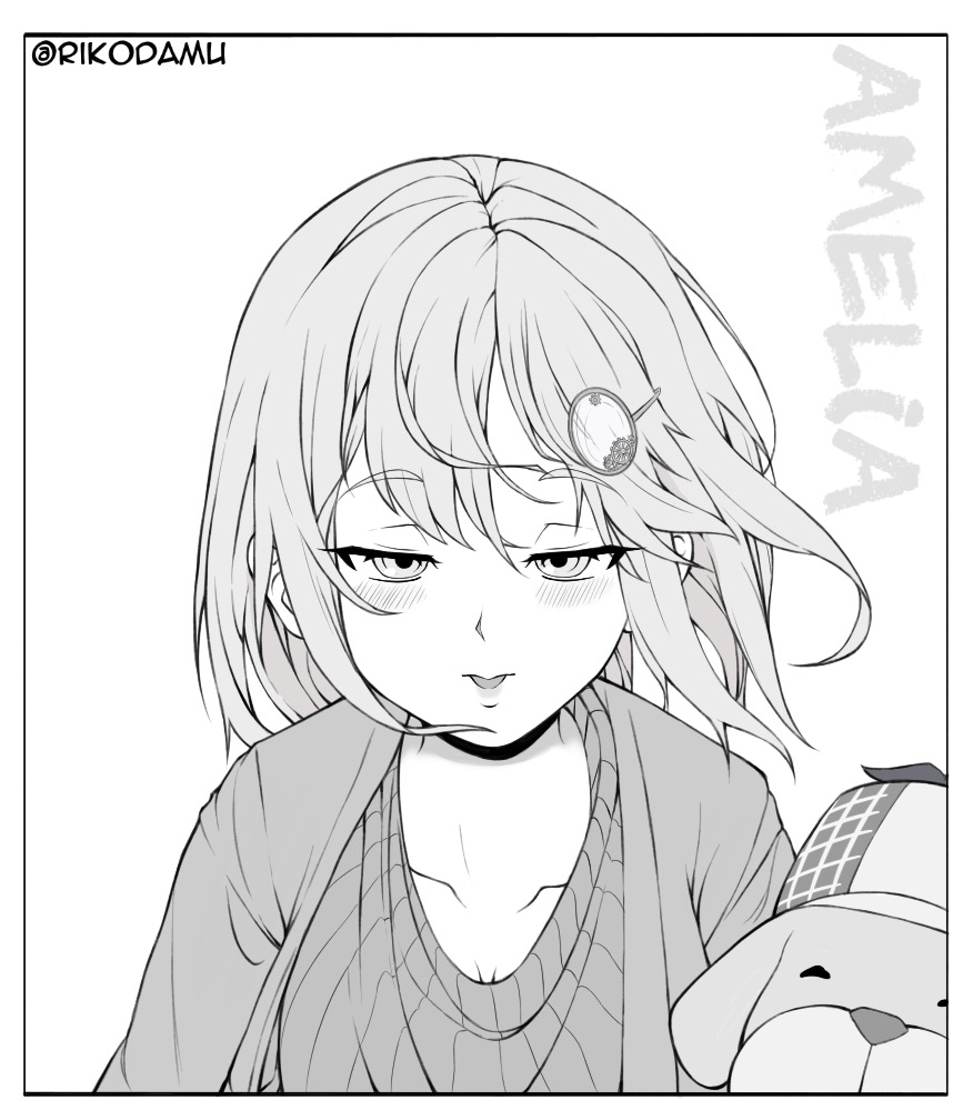 1girl, blush, bubba_(watson_amelia), character_name, commentary, eyebrows_visible_through_hair, greyscale, hair_ornament