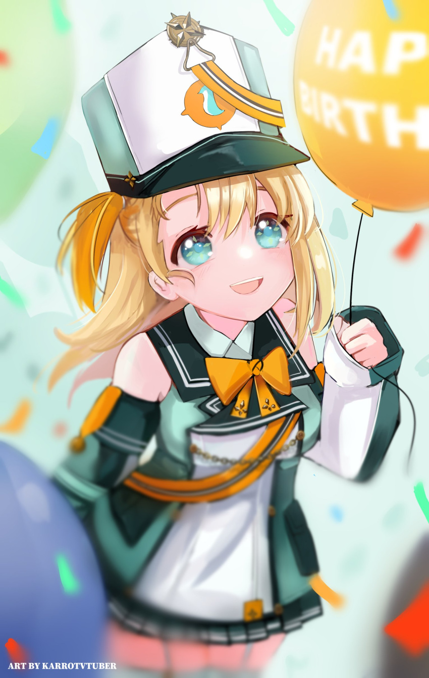 1girl, absurdres, aqua_eyes, balloon, band_uniform, birthday, blonde_hair, detached_sleeves