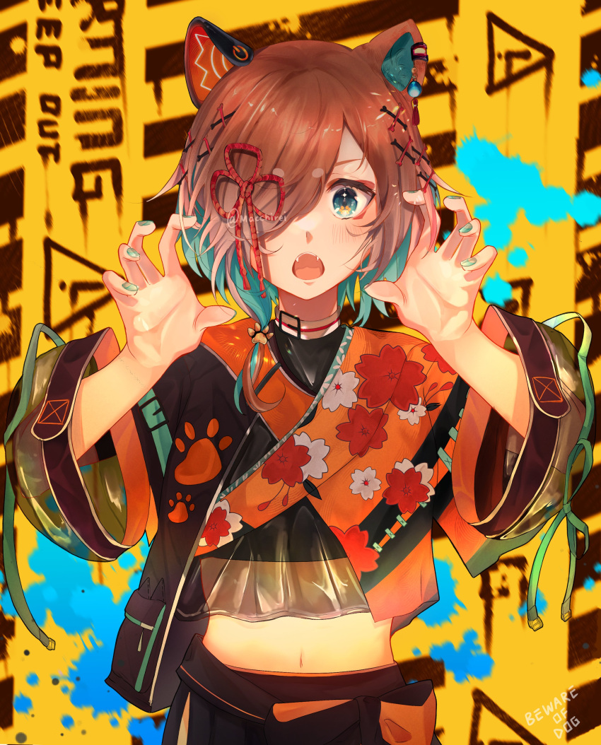 1girl, absurdres, animal_ears, aqua_eyes, aqua_hair, aqua_nails, aqua_ribbon, brown_hair, colored_inner_hair, dog_ears, dog_girl, dog_tail, earrings, fangs, hair_ornament, highres, jewelry, macchirei, midriff, miyoshino_shiki, multicolored_hair, navel, one_eye_covered, paw_print, power_symbol, prism_project, prosthetic_ear, ribbon, see-through, see-through_sleeves, solo, tail, virtual_youtuber