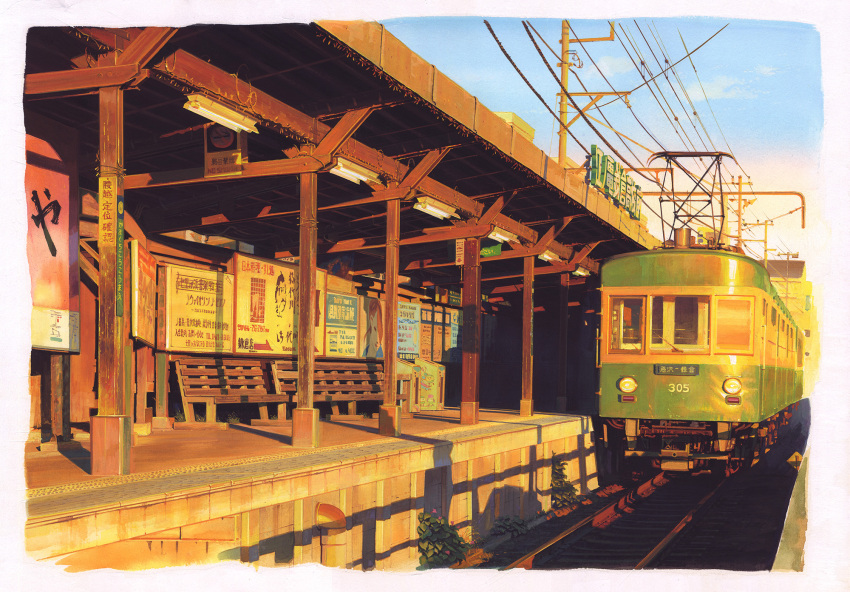 billboard, cable, clouds, commentary_request, day, enoshima_electric_railway, ground_vehicle, highres