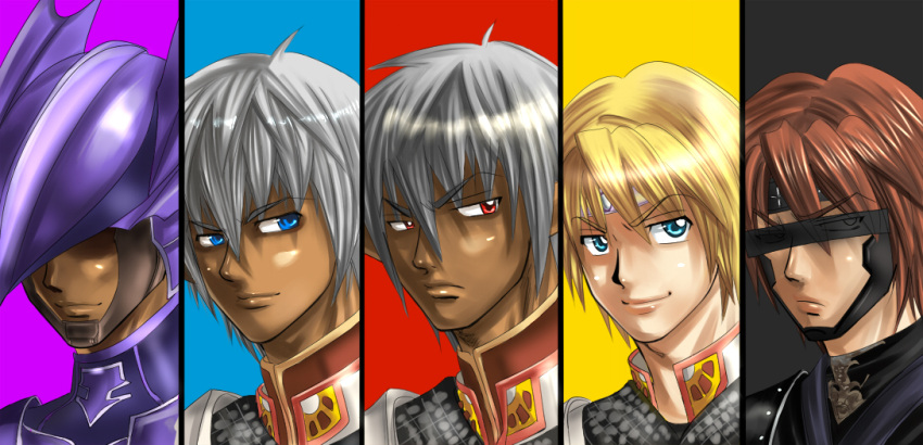 armor, blonde_hair, blue_eyes, brown_hair, buront, dark_skin, elf, final_fantasy