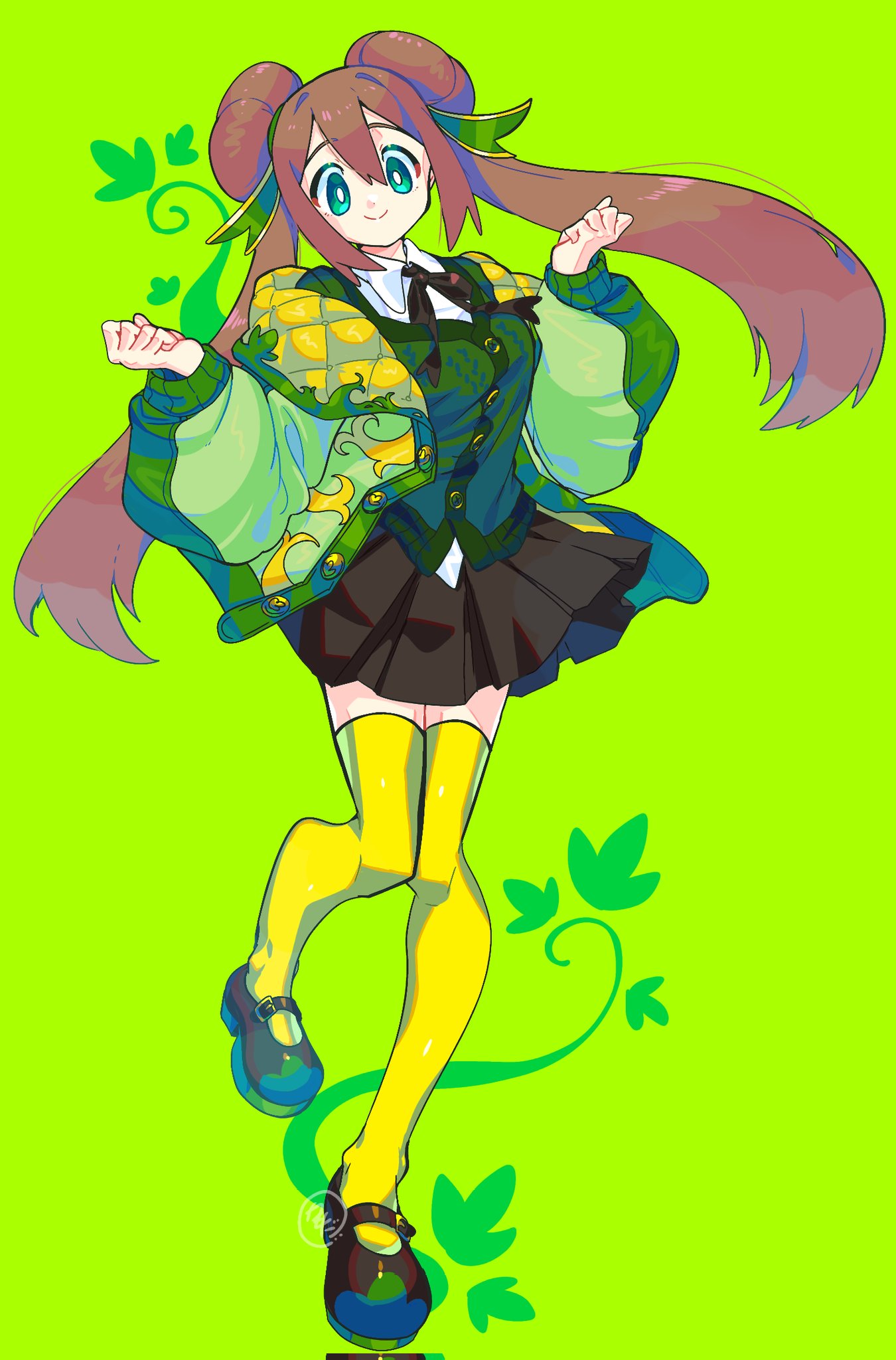 1girl, bangs, bright_pupils, brown_footwear, brown_hair, brown_ribbon, brown_skirt, buttons