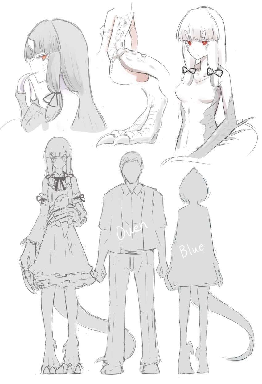 1boy, 2girls, blue_(jurassic_park), dinosaur_girl, grey_hair, hair_ribbon, height_chart, highres