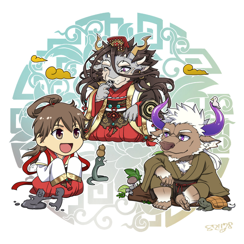 3boys, animal_ears, brown_fur, chibi, cow_ears, cow_horns, dragon_boy, dragon_horns