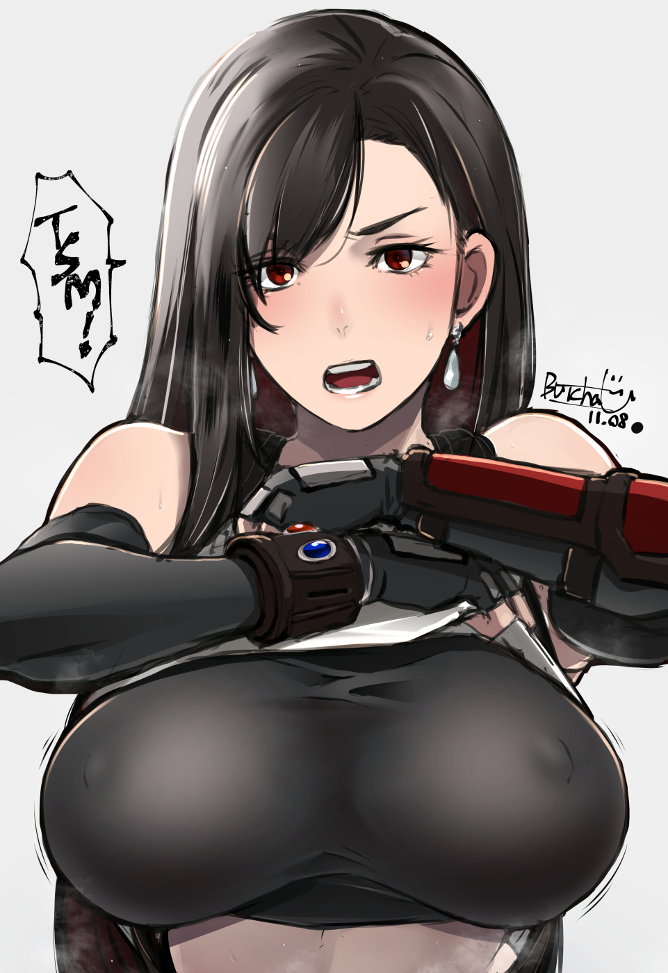 1girl, black_gloves, black_hair, black_sports_bra, breasts, breasts_day, butcha-u, covered_nipples, dangle_earrings, earrings, elbow_gloves, elbow_pads, final_fantasy, final_fantasy_vii, fingerless_gloves, gloves, highres, jewelry, large_breasts, lifted_by_self, long_hair, red_eyes, solo, sports_bra, tank_top, tifa_lockhart, upper_body, white_tank_top