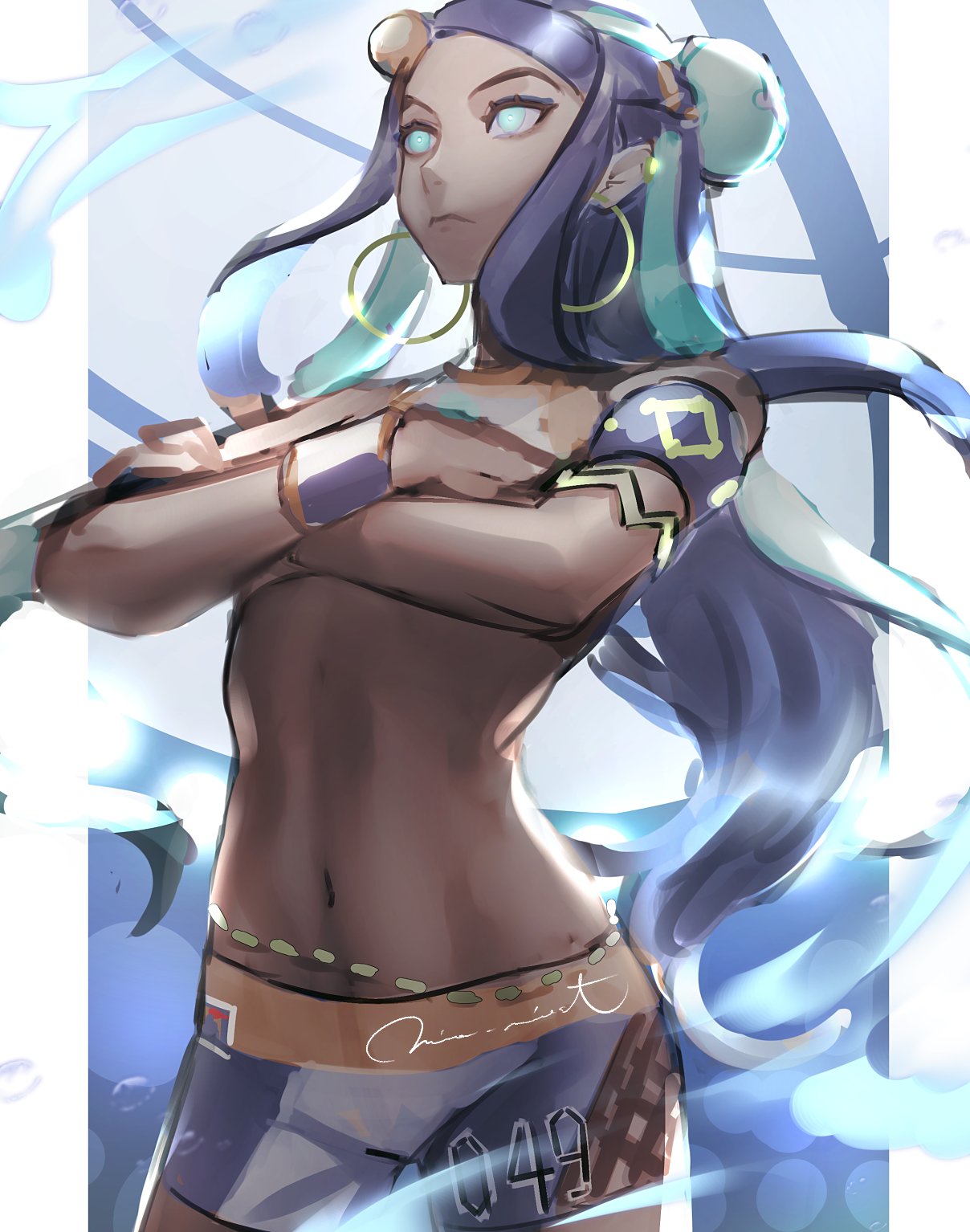 1girl, armlet, belly_chain, bike_shorts, black_hair, blue_eyes, blue_eyeshadow, blue_hair