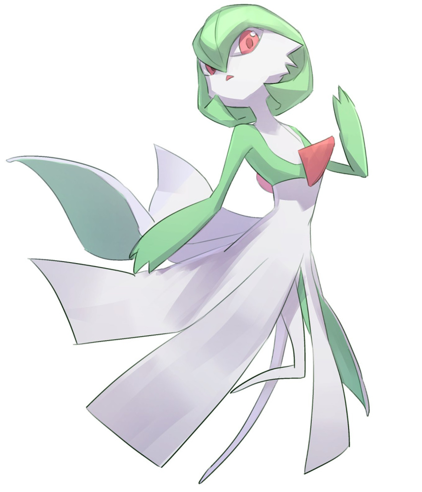 bangs, colored_skin, commentary_request, frown, full_body, gardevoir, green_hair, hair_between_eyes