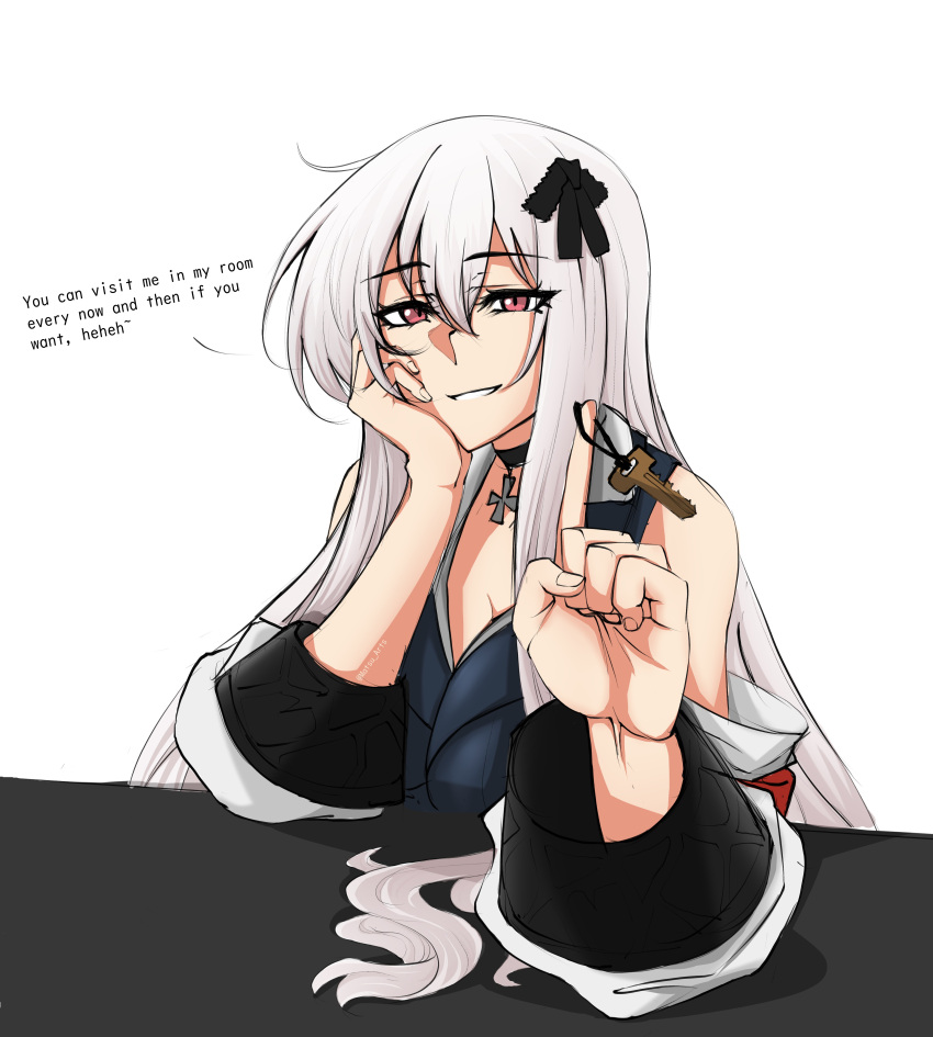 1girl, absurdres, black_ribbon, breasts, cross, cross_necklace, english_text, eyebrows_visible_through_hair