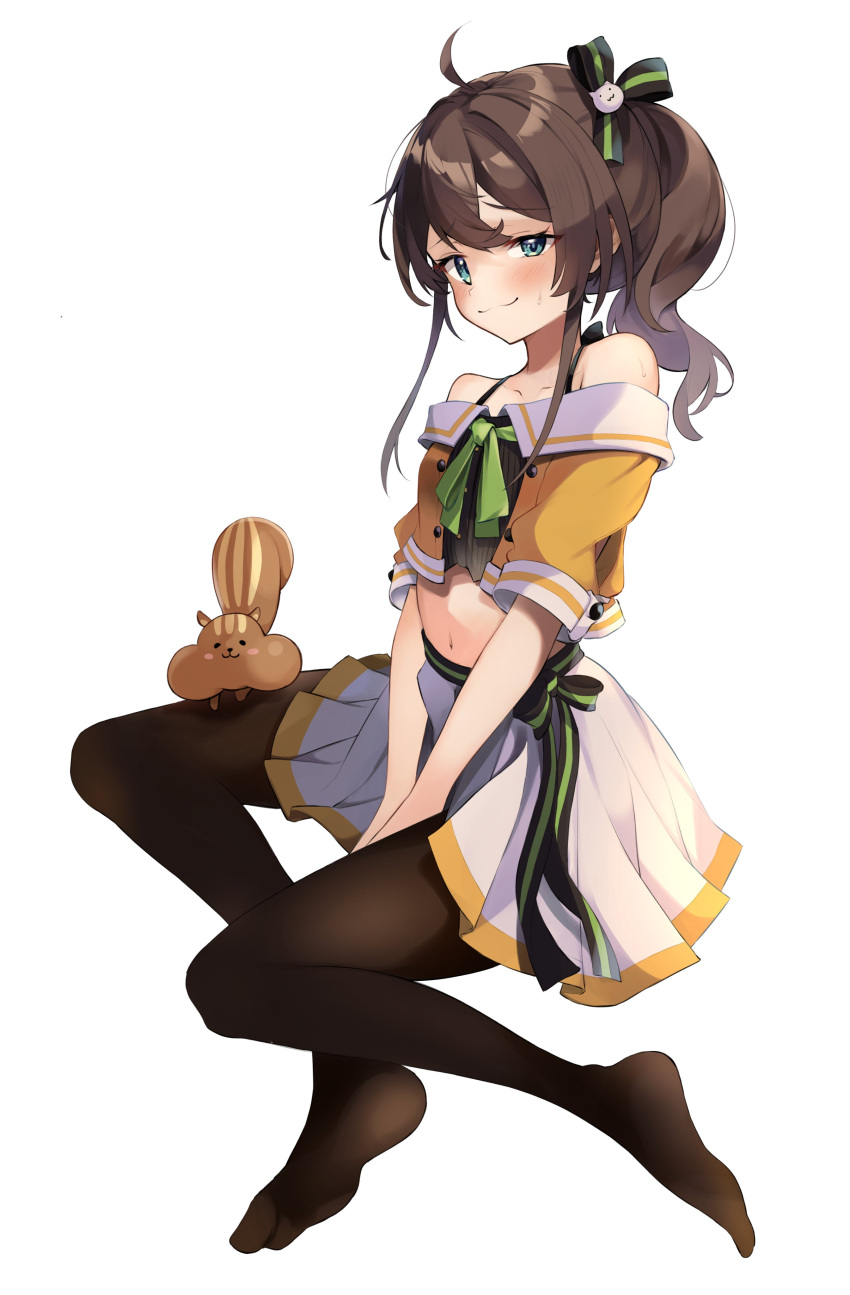 1girl, absurdres, ahoge, bare_shoulders, blue_eyes, bow, brown_hair, dark_fuu