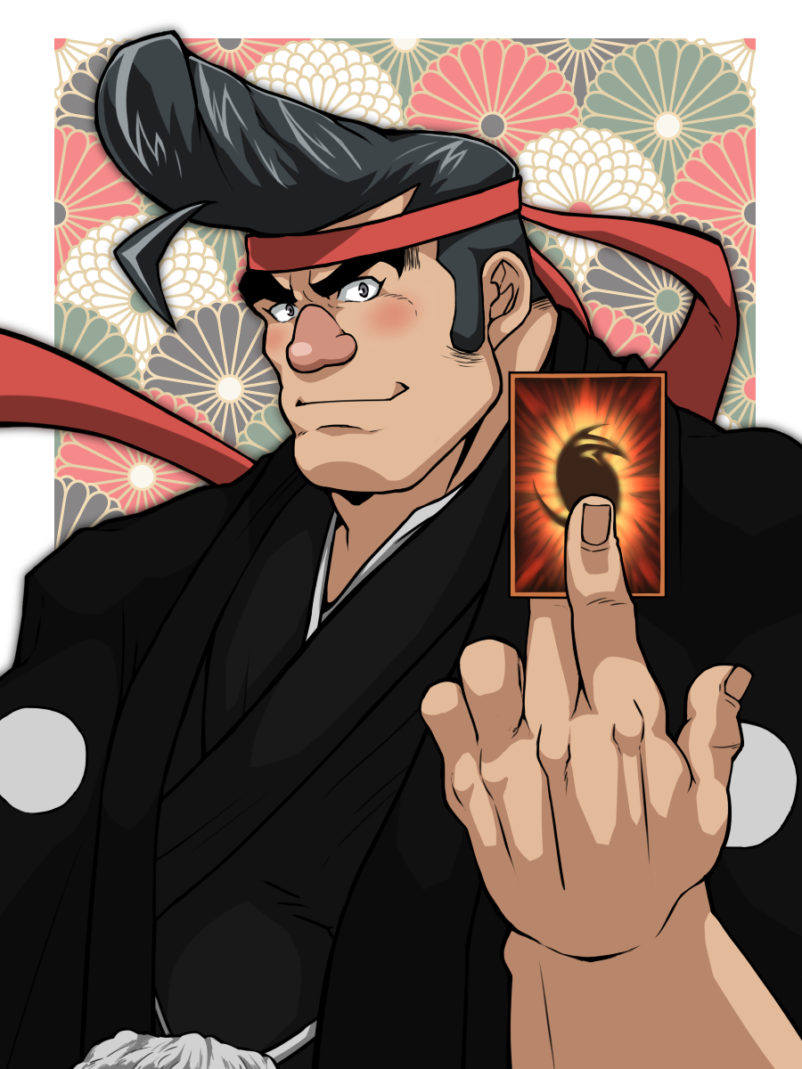 1boy, alternate_costume, black_hair, black_kimono, blush, card, hachimaki, hair_strand, haori, headband, highres, hitenmaru, holding, holding_card, japanese_clothes, kimono, looking_at_viewer, male_focus, muscular, muscular_male, noboru_gongenzaka, pectorals, pompadour, red_nose, short_hair, sideburns, smile, solo, textless, thick_eyebrows, upper_body, yu-gi-oh!, yu-gi-oh!_arc-v