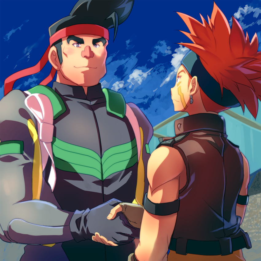 2boys, biker_clothes, bikesuit, black_hair, blush, bodysuit, crow_hogan, fingerless_gloves